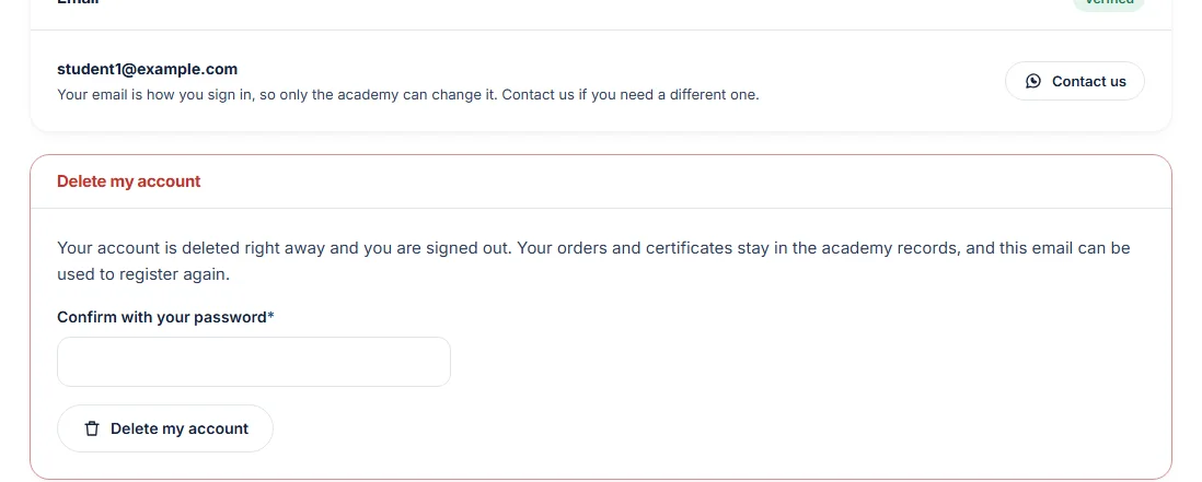 The Account tab: email and deleting the account